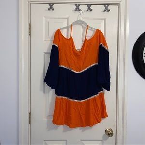 Off the shoulder blue and orange dress